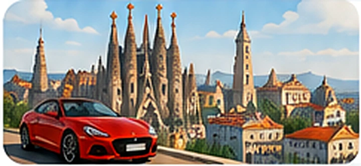 Arcade-style illustration of Barcelona and the Sagrada Família