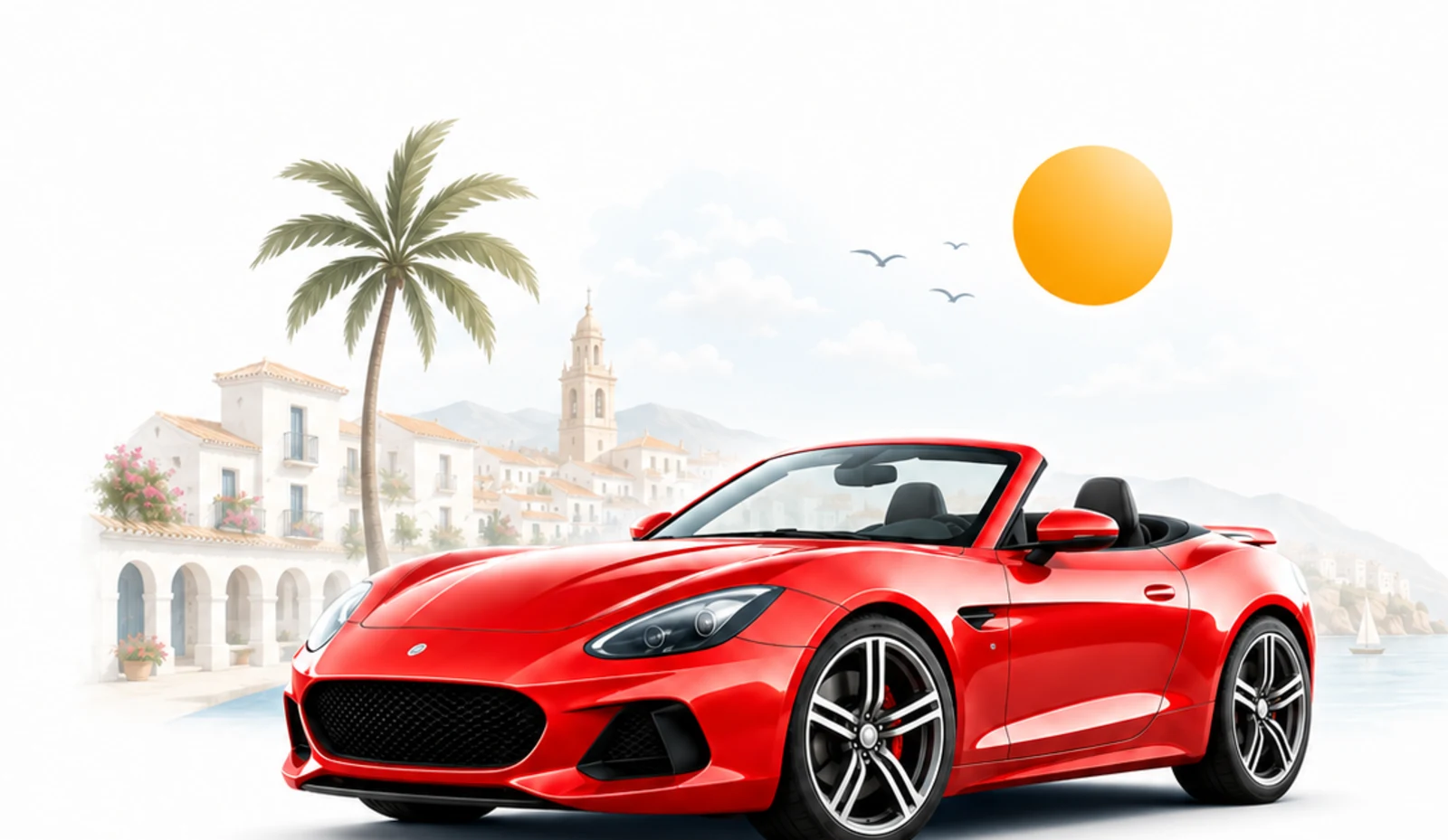Illustrative Málaga and Costa del Sol car rental scene with a red convertible