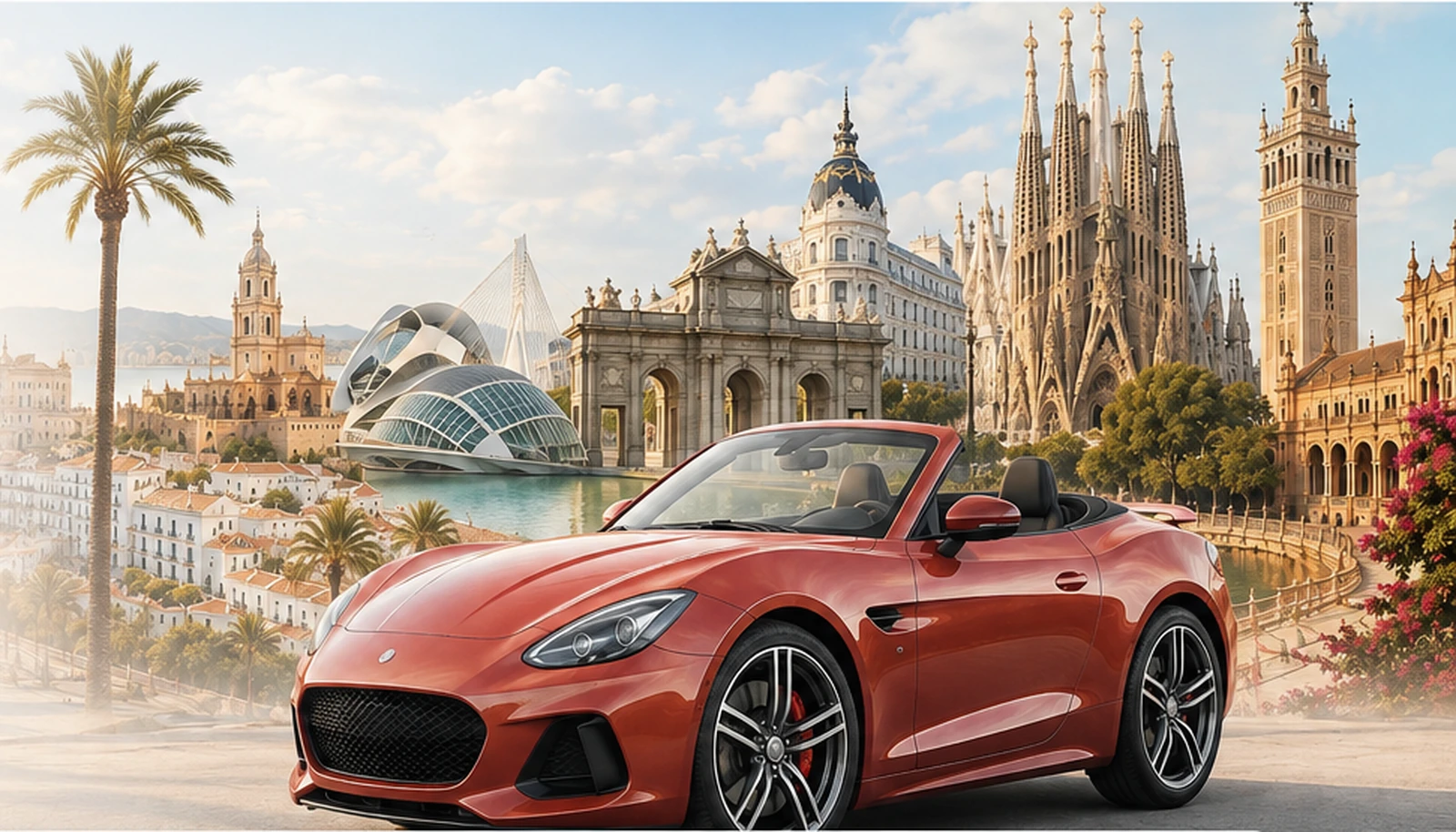 Red convertible rental car with Spanish city landmarks
