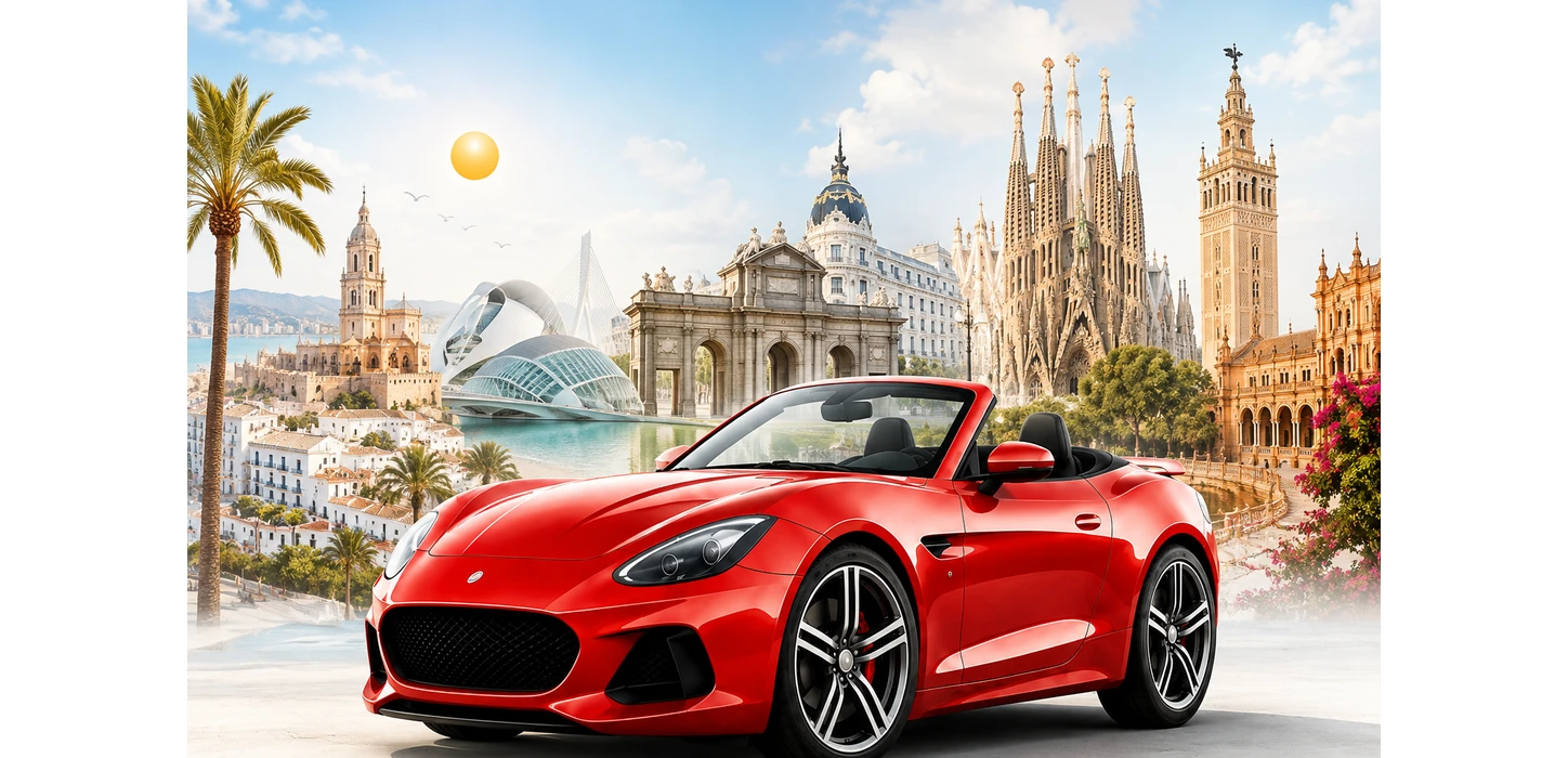 Illustrative red rental car scene in Spain